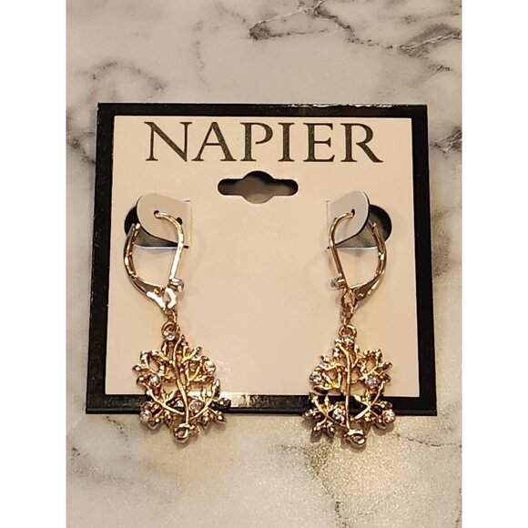 NAPIER Gold Tone Crystal Leaf Drop Earrings Lever Back Closure New With Tags - Picture 1 of 5